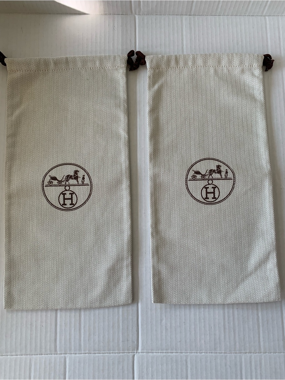 Hermès Cream Drawstring Dust Bags with Brown Logo - Pair